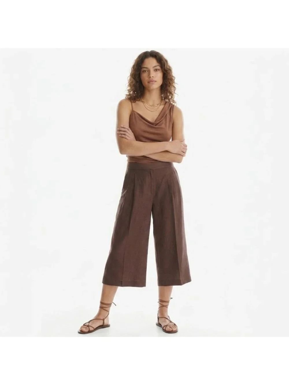H&M Linen Blend Wide Leg Pant Plus Sz 18 Brown Culottes Pleated Cropped Tailored